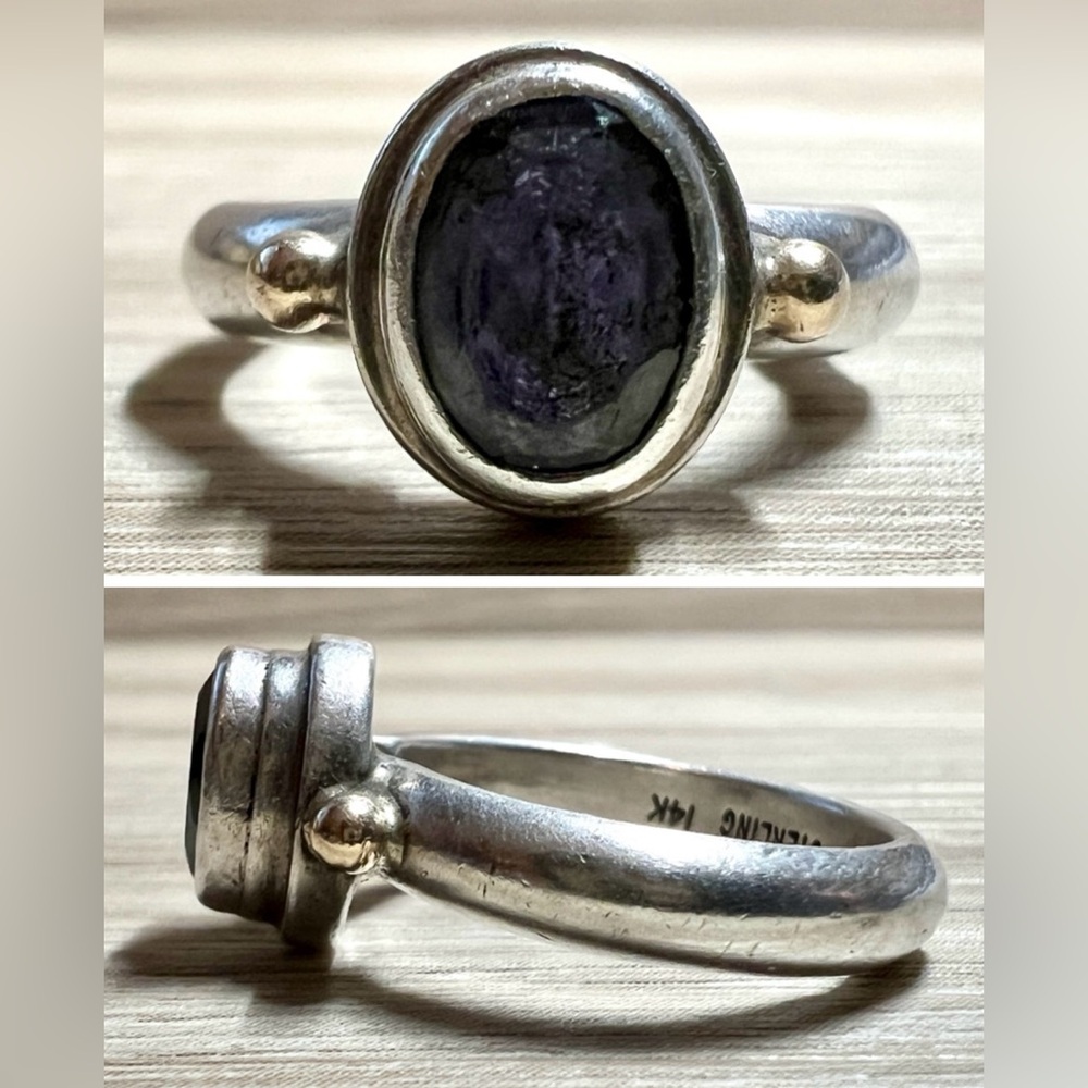 Designer Signed Reve Sterling Silver & 14k Yellow Gold Amethyst Ring, Size 7